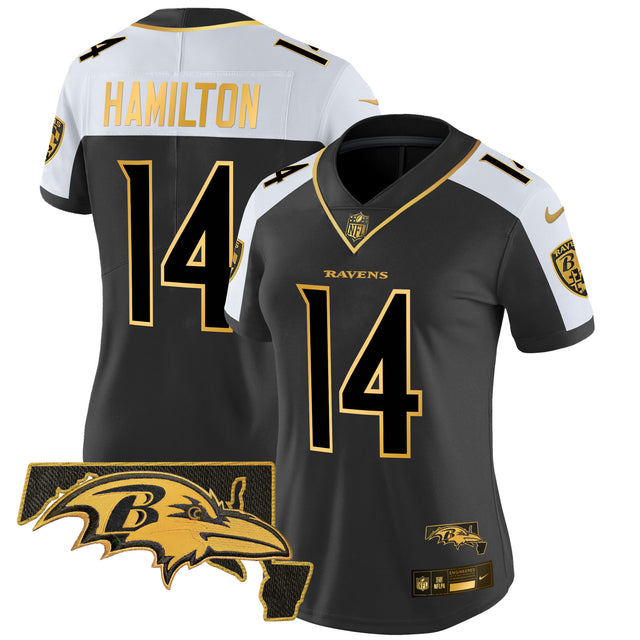 Women's Ravens Maryland Patch Gold Vapor Limited Jersey V2 - All Stitched - Alternate - Kyle Hamilton — view 1