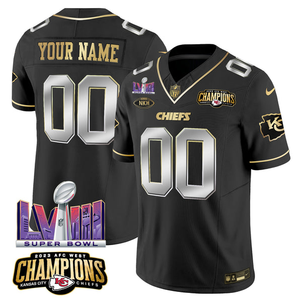 Chiefs AFC West Champions & Super Bowl LVIII Patch Vapor Custom Jersey V2 - All Stitched - Black Limited — view 1
