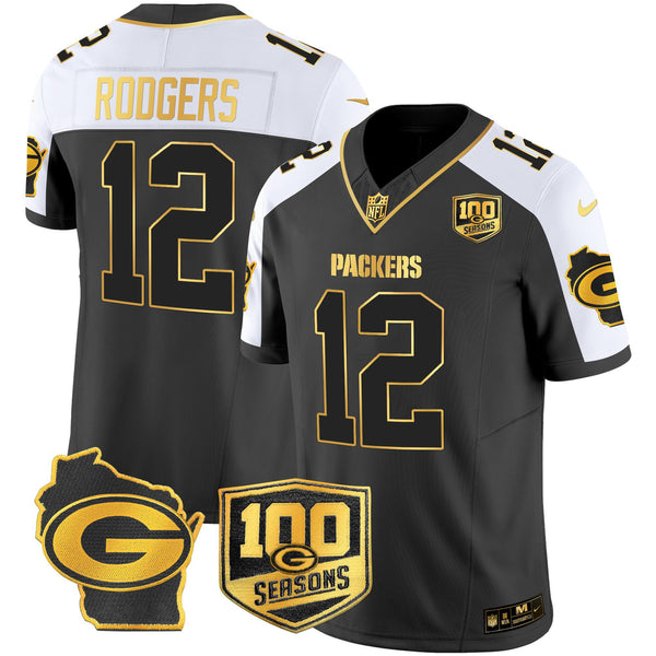 Men's Green Bay Packers 100th Season & Home Patch Gold Vapor Limited Jersey – All Stitched - Alternate - Aaron Rodgers — view 1