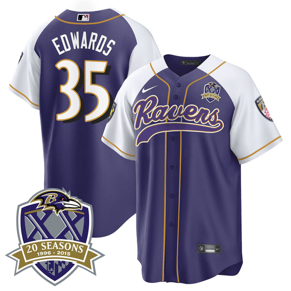 Men's Ravens 20th Season Patch Baseball Jersey - All Stitched - Purple Alternate - Gus Edwards — view 1