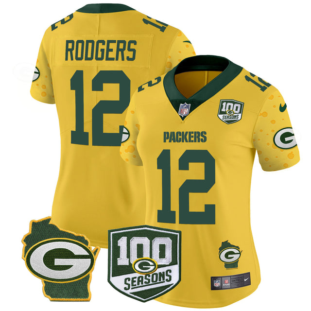 Women's Packers 100th Season & Home Patch Cheese Vapor Limited Jersey – All Stitched - Gold - Aaron Rodgers — view 1
