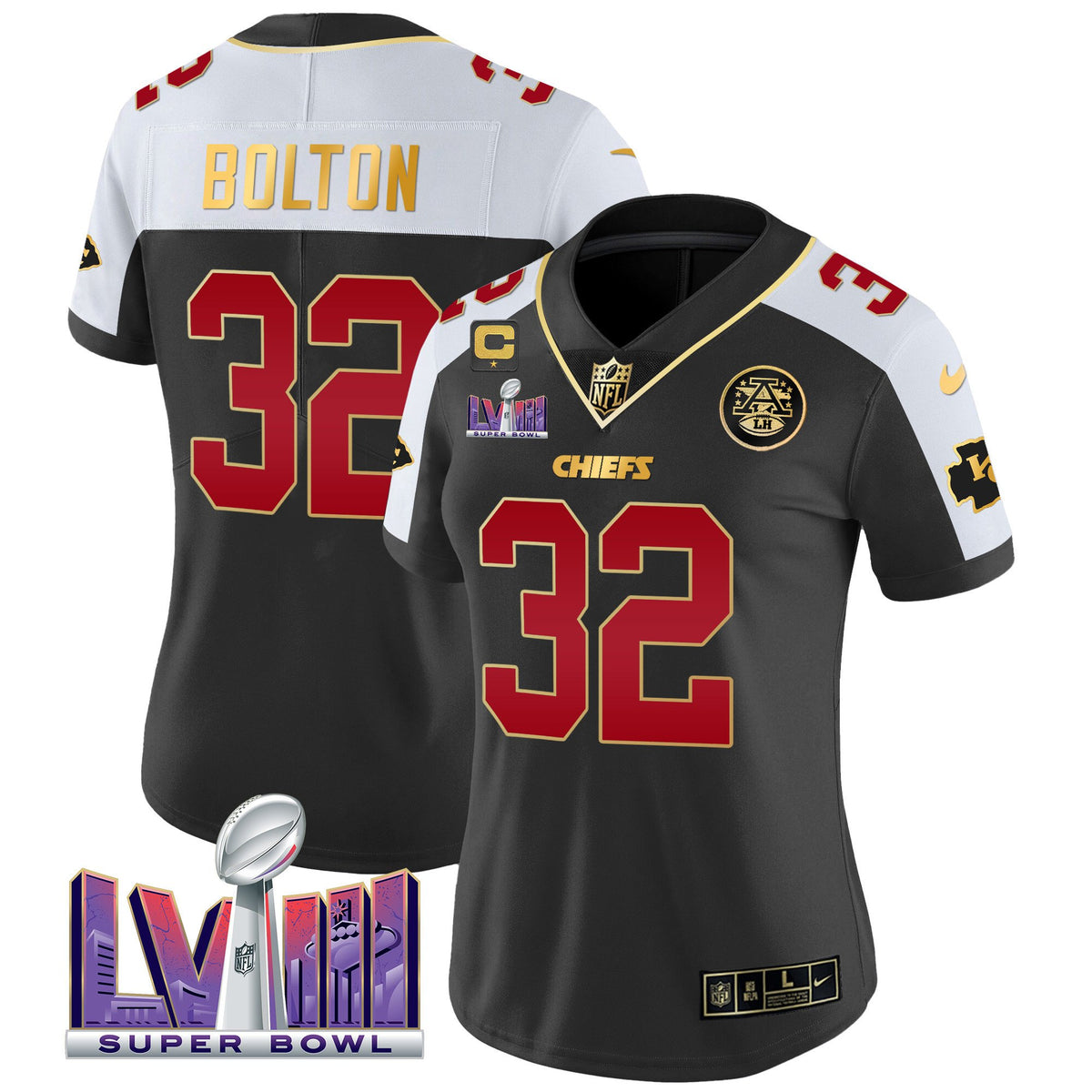 Women's Chiefs Super Bowl LVIII Patch Vapor Jersey - All Stitched - Black Alternate - Nick Bolton — view 1