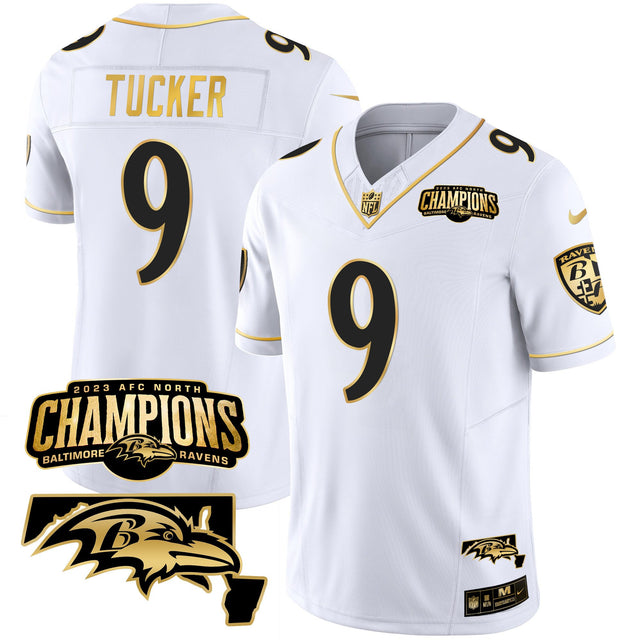 Men's Ravens 2023 AFC North Champions & Maryland Patch Gold Vapor Jersey - All Stitched - White Gold - Justin Tucker — view 1