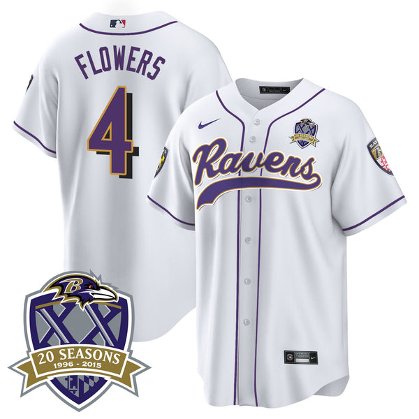 Men's Ravens 20th Season Patch Baseball Jersey - All Stitched - White - Zay Flowers — view 1