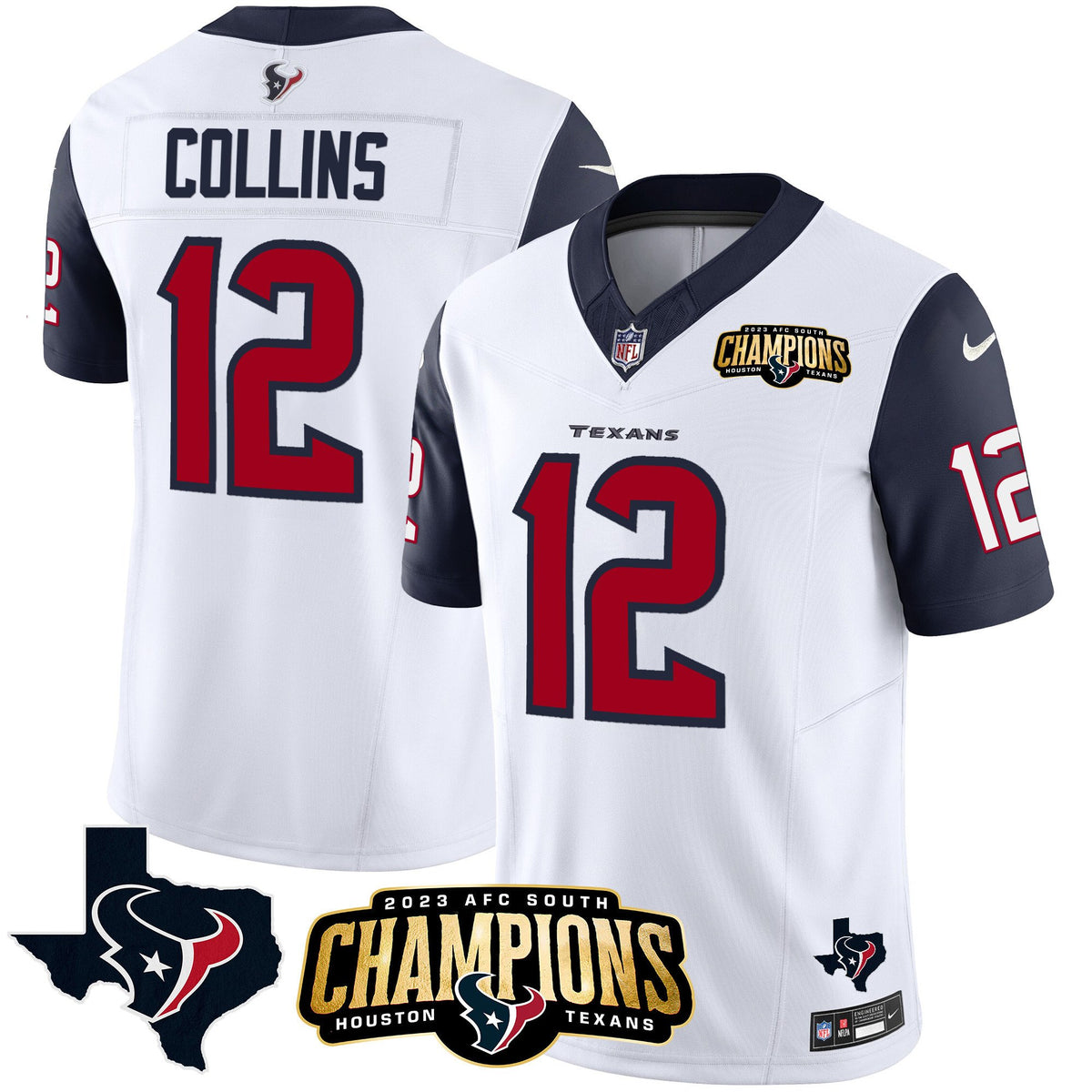 Men's Houston Texans 2023 AFC South Champions Patch Vapor Jersey - All Stitched - Navy Sleeves - Nico Collins — view 1