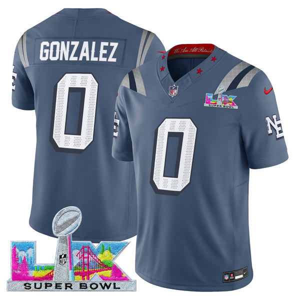 Men's New England Patriots Super Bowl LX Vapor Limited Jersey - All Stitched - Storm Blue - Christian Gonzalez — view 1