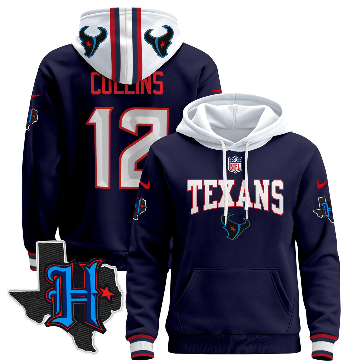 Men's Houston Texans 2024 Pullover Hoodie V3 - All Stitched - Navy - Nico Collins — view 1
