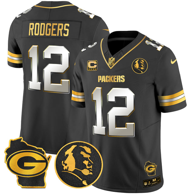 Men's Packers John Madden & Home Patch Gold Vapor Limited Jersey - All Stitched - Black Limited - Aaron Rodgers — view 1