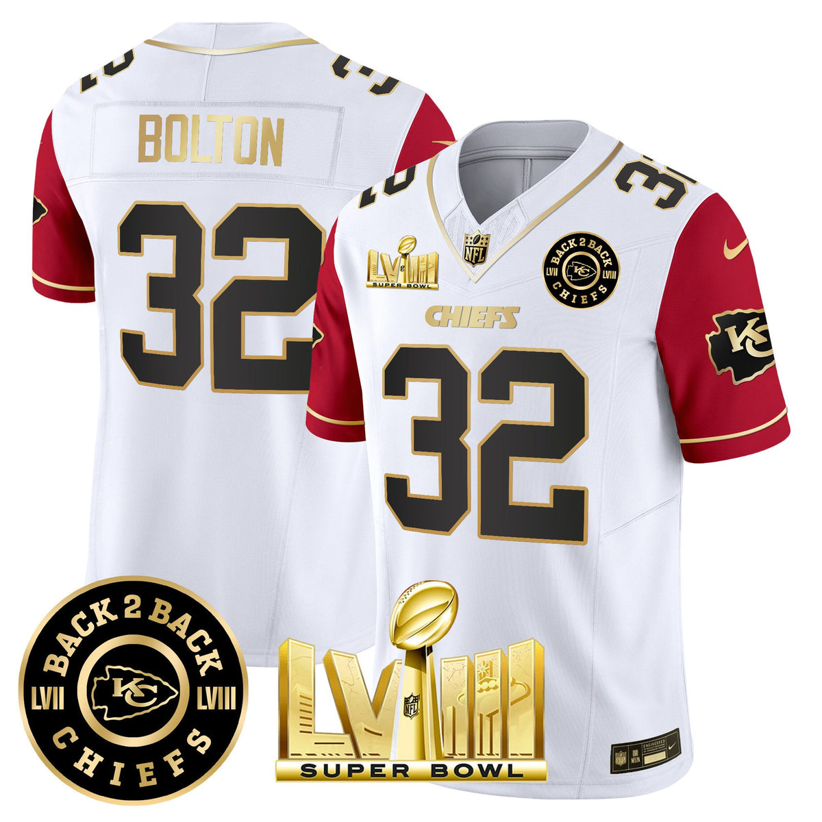 Men's Chiefs Super Bowl LVIII & Back 2 Back Patch Vapor Jersey V4 - All Stitched - Color Sleeves - Nick Bolton — view 1