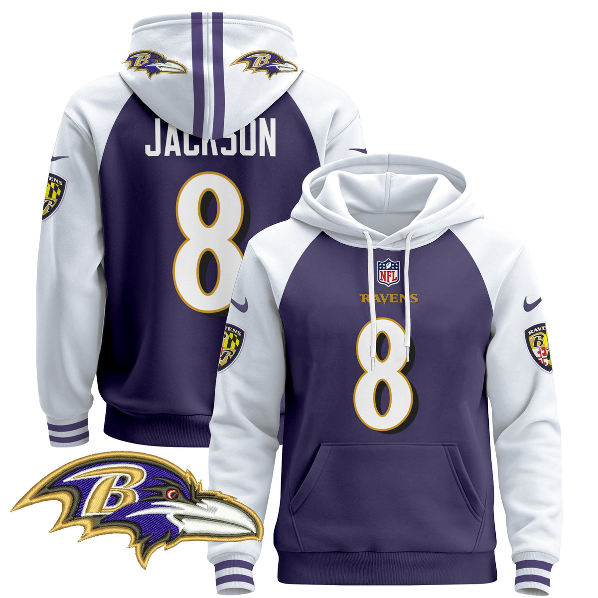 Men's Baltimore Ravens 2024 Pullover Hoodie V4 - All Stitched - Purple Alternate - Lamar Jackson — view 1