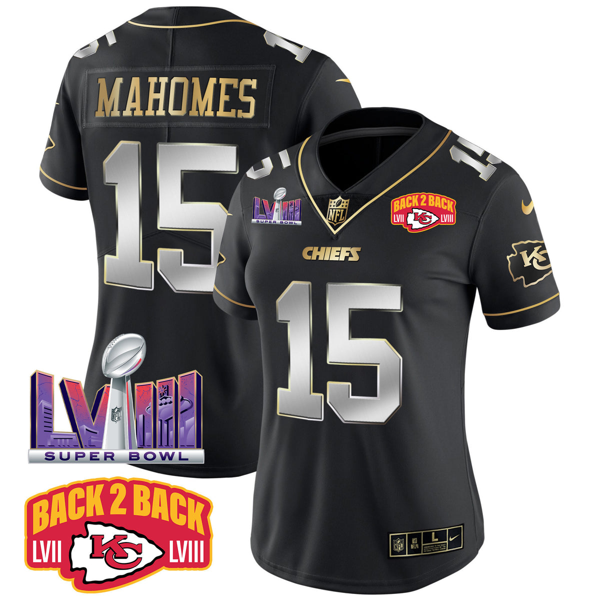 Women's Chiefs Super Bowl LVIII & Back 2 Back Patch Vapor Jersey V2 - All Stitched - Black Limited - Patrick Mahomes — view 1