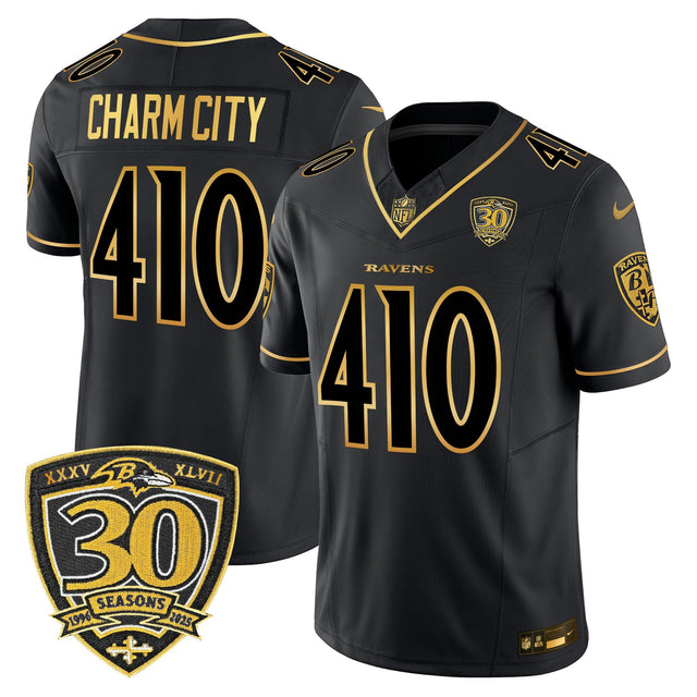 Men's Baltimore Ravens 2025 Gold Vapor Limited Jersey - 30th Anniversary Patch - All Stitched - Black Gold - Charm City 410 — view 1