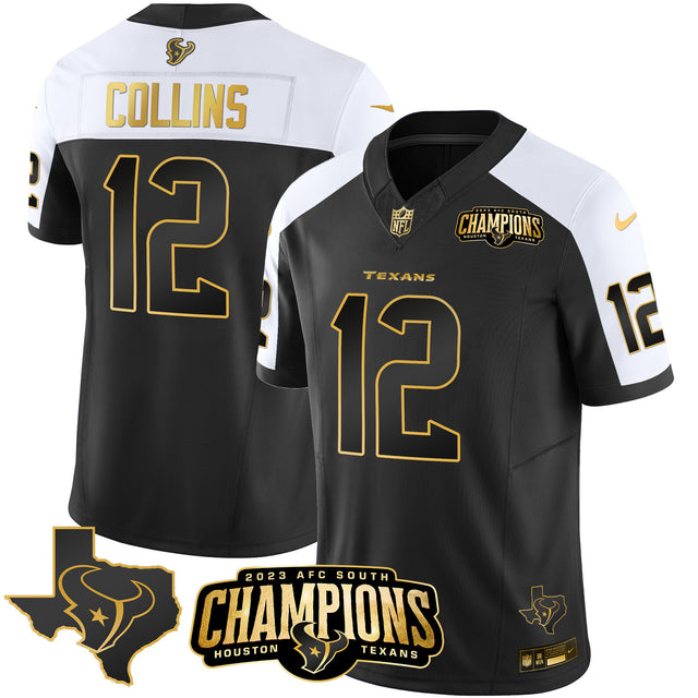 Men's Houston Texans 2023 AFC South Champions Patch Gold Vapor Jersey - All Stitched - Alternate Gold - Nico Collins — view 1