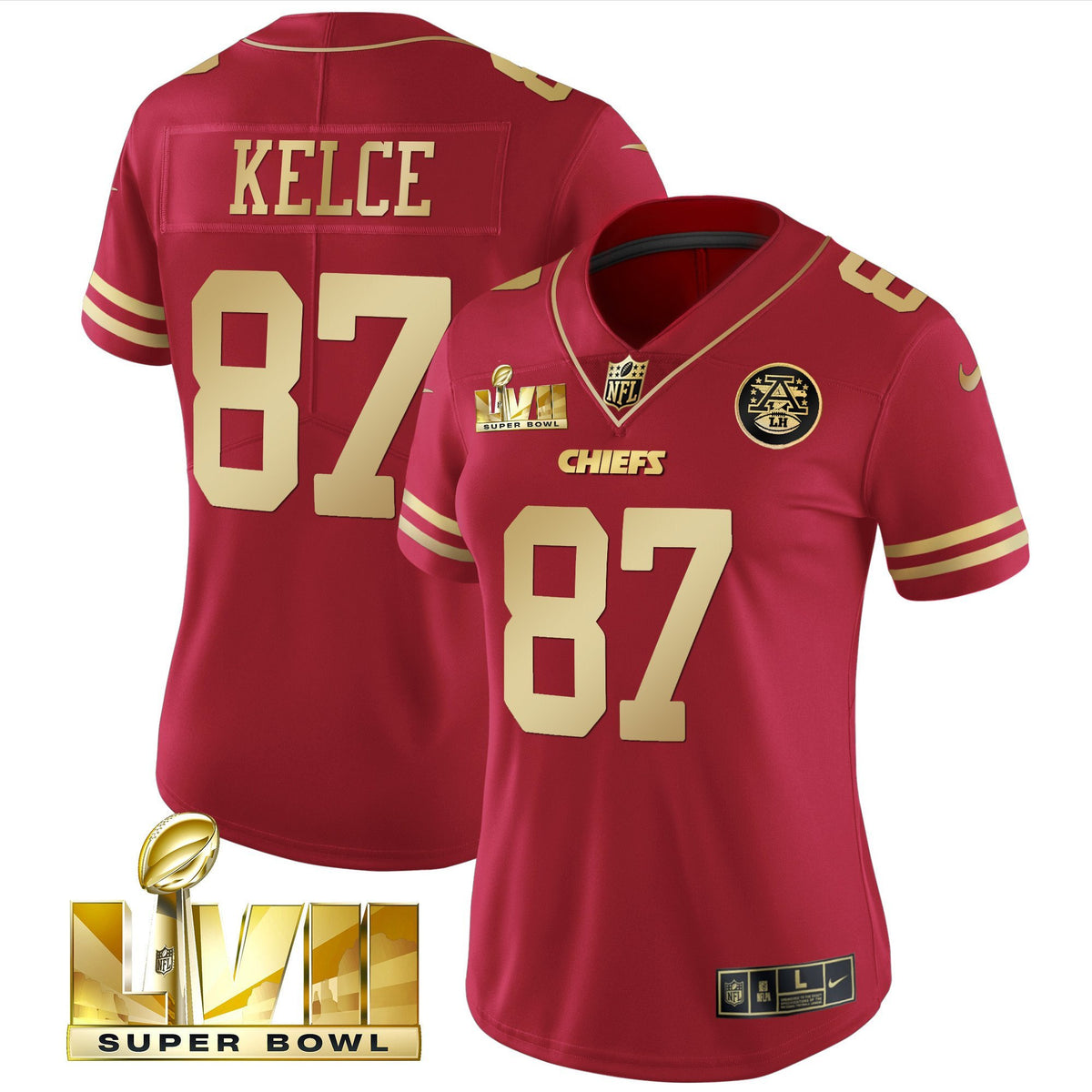 Women's Chiefs Super Bowl LVII Red Gold Vapor Jersey - All Stitched - Red Gold - Travis Kelce — view 1