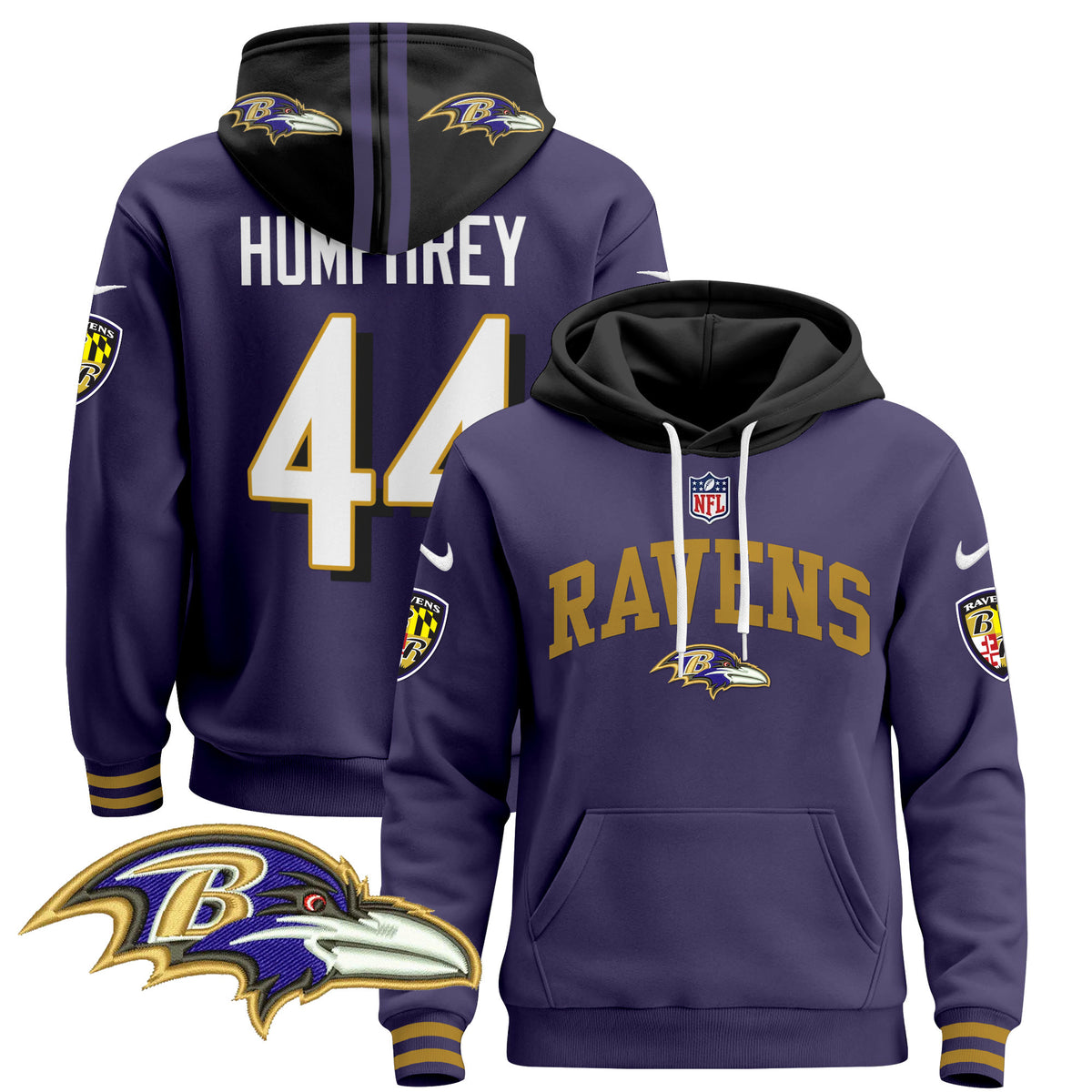 Men's Baltimore Ravens 2024 Pullover Hoodie V2 - All Stitched - Purple - Marlon Humphrey — view 1