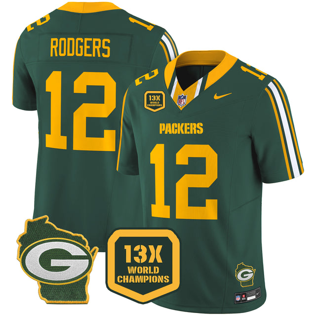 Men's Packers 13 Time World Champions & Home Patch Vapor Limited Jersey – All Stitched - Green - Aaron Rodgers — view 1