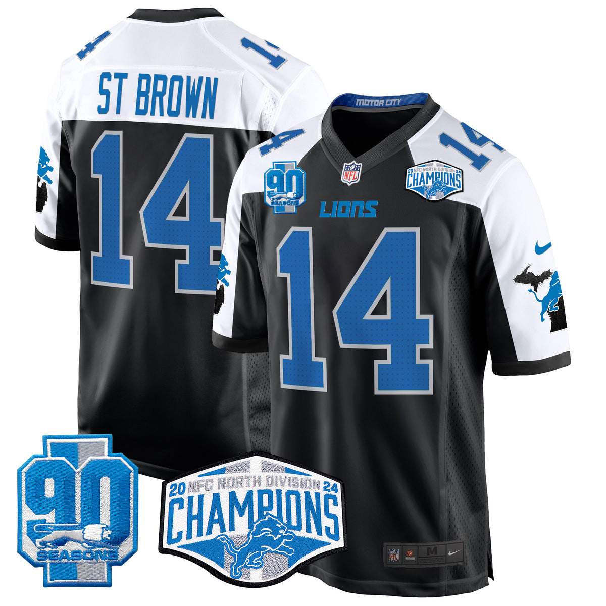 Men's Detroit Lions 2024 NFC North Division Champions Patch Game Jersey - All Stitched - Black Alternate - St. Brown — view 1