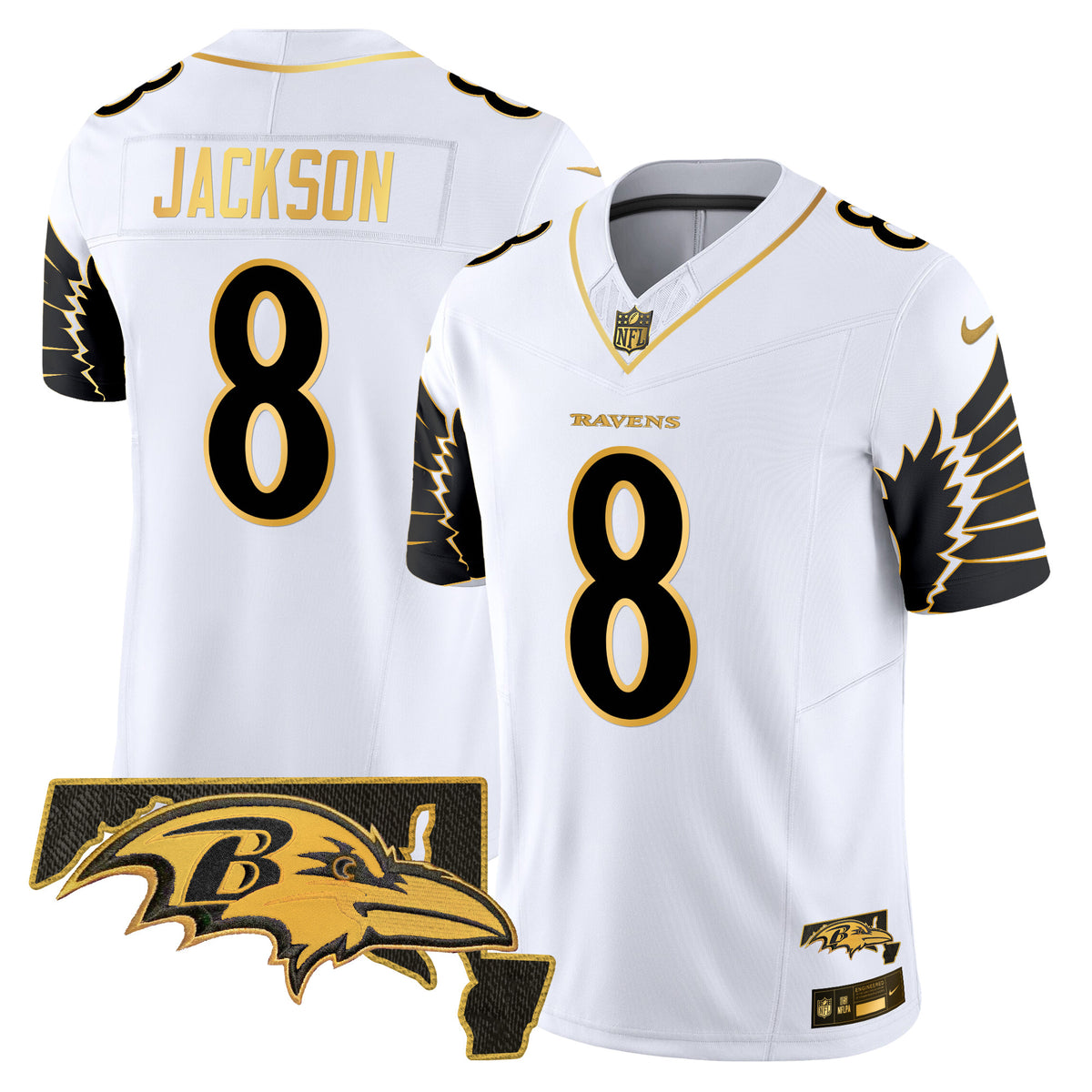 Men's Ravens Maryland Patch Gold Vapor Limited Jersey V2 - All Stitched - White Gold - Lamar Jackson — view 1