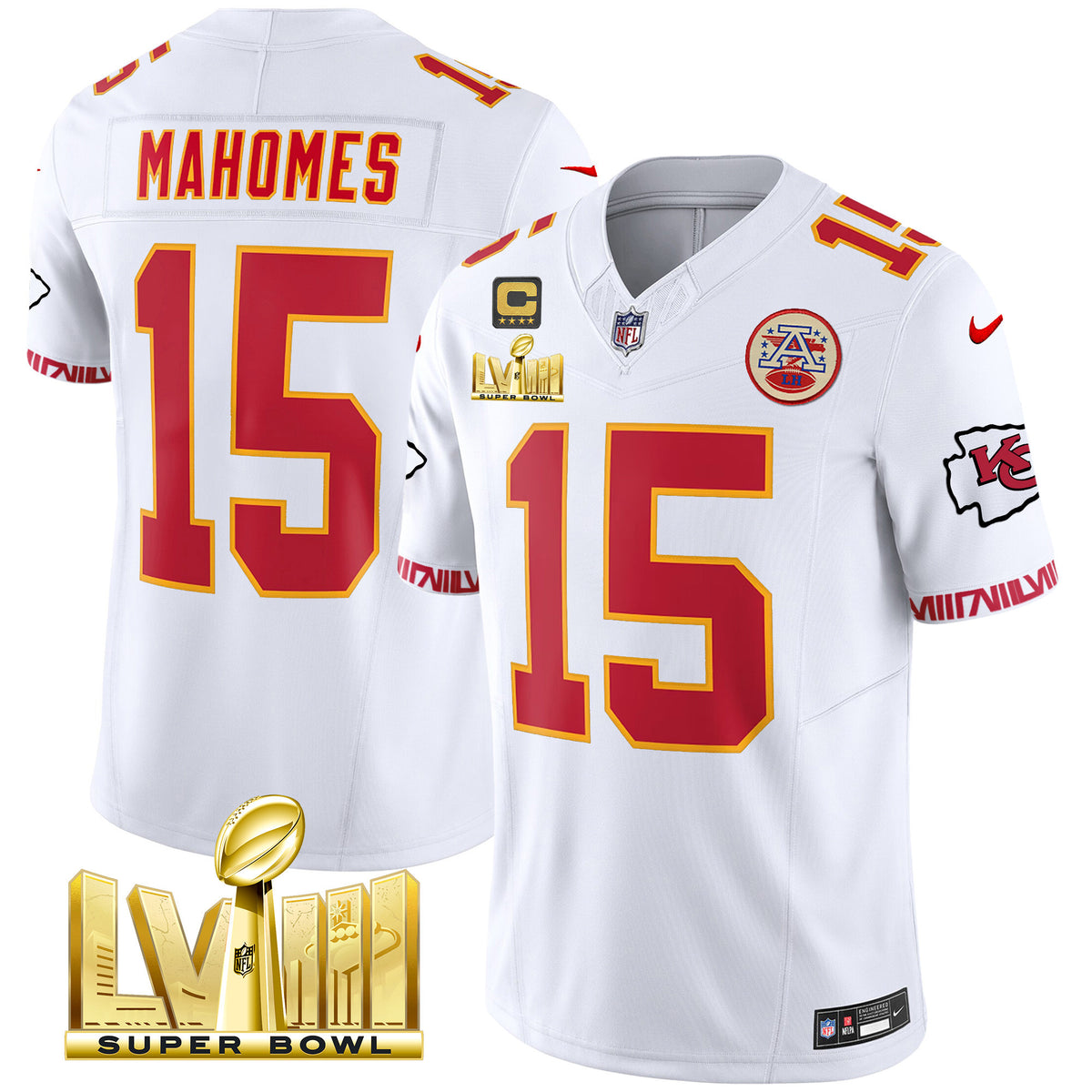 Men's Chiefs Super Bowl LVIII Pattern Gold Vapor Jersey V2 - All Stitched - White - Patrick Mahomes — view 1