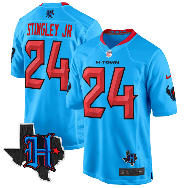 Men's Houston Texans 2024 Texas Patch Game Jersey - All Stitched - Blue - Derek Stingley Jr — view 1