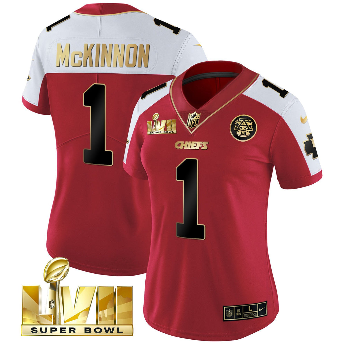 Women's Chiefs Super Bowl LVII Red Gold Vapor Jersey - All Stitched - Red Alternate - Jerick McKinnon — view 1