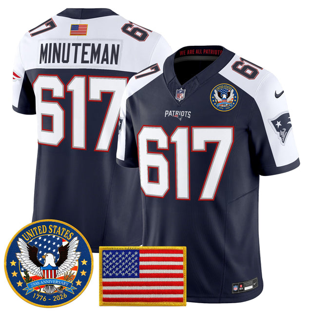 Men's New England Patriots United States 250th Anniversary Patch Vapor Limited Jersey - All Stitched - Navy Alternate - Minuteman 617 — view 1