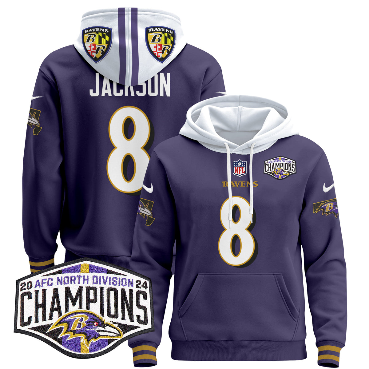 Men's Baltimore Ravens 2024 AFC North Division Champions Patch Pullover Hoodie V2 - All Stitched - Purple - Lamar Jackson — view 1