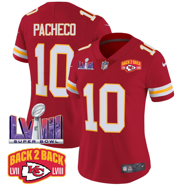 Women's Chiefs Super Bowl LVIII & Back 2 Back Patch Vapor Jersey - All Stitched - Red - Isiah Pacheco — view 1