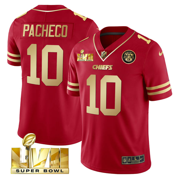 Men's Chiefs Super Bowl LVII Gold Trim Vapor Jersey - All Stitched - Red Gold - Isiah Pacheco — view 1
