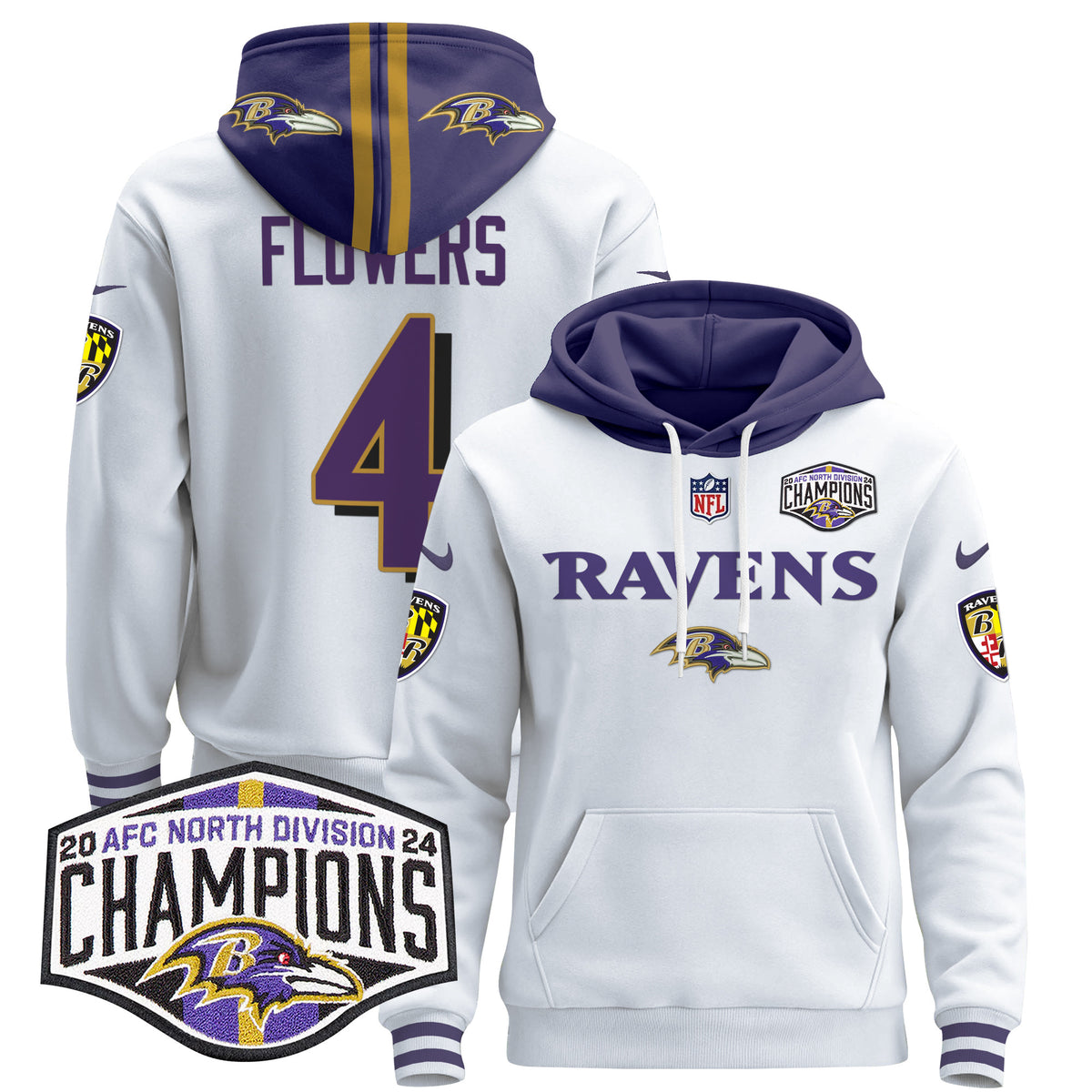 Men's Baltimore Ravens 2024 AFC North Division Champions Patch Pullover Hoodie - All Stitched - White - Zay Flowers — view 1