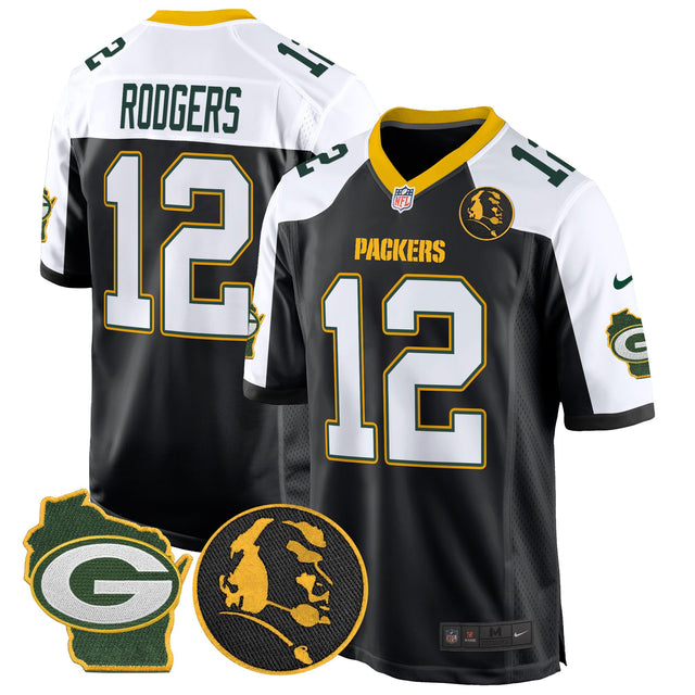 Men's Packers John Madden & Home Patch Game Jersey - All Stitched - Black Alternate - Aaron Rodgers — view 1