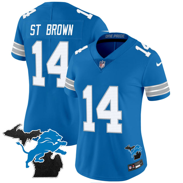 Women's Detroit Lions 2024 Michigan Patch Vapor Jersey - All Stitched - Blue - St. Brown — view 1