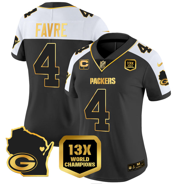 Women's Packers 13 Time World Champions & Home Patch Gold Vapor Jersey V2 – All Stitched - Alternate - Brett Favre — view 1