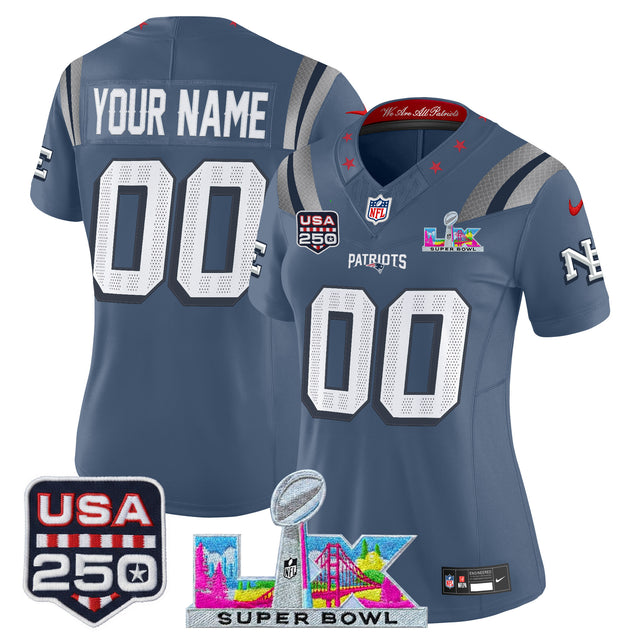 New England Patriots Super Bowl LX & United States 250th Anniversary Patch Vapor Limited Custom Jersey - All Stitched - Storm Blue — view 1