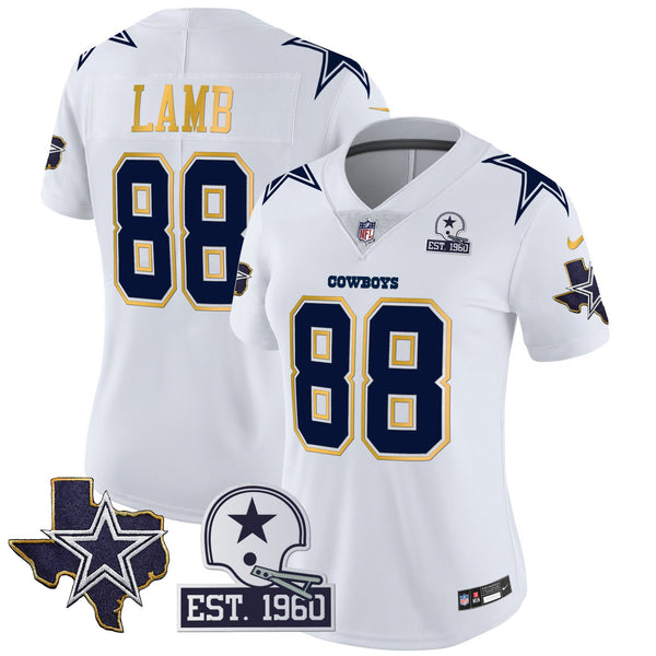 Women's Cowboys Texas Patch Gold Trim Vapor Jersey - All Stitched - White - CeeDee Lamb — view 1