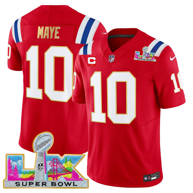 Men's New England Patriots Super Bowl LX Gold Trim Vapor Limited Jersey - All Stitched - Red - Drake Maye — view 1