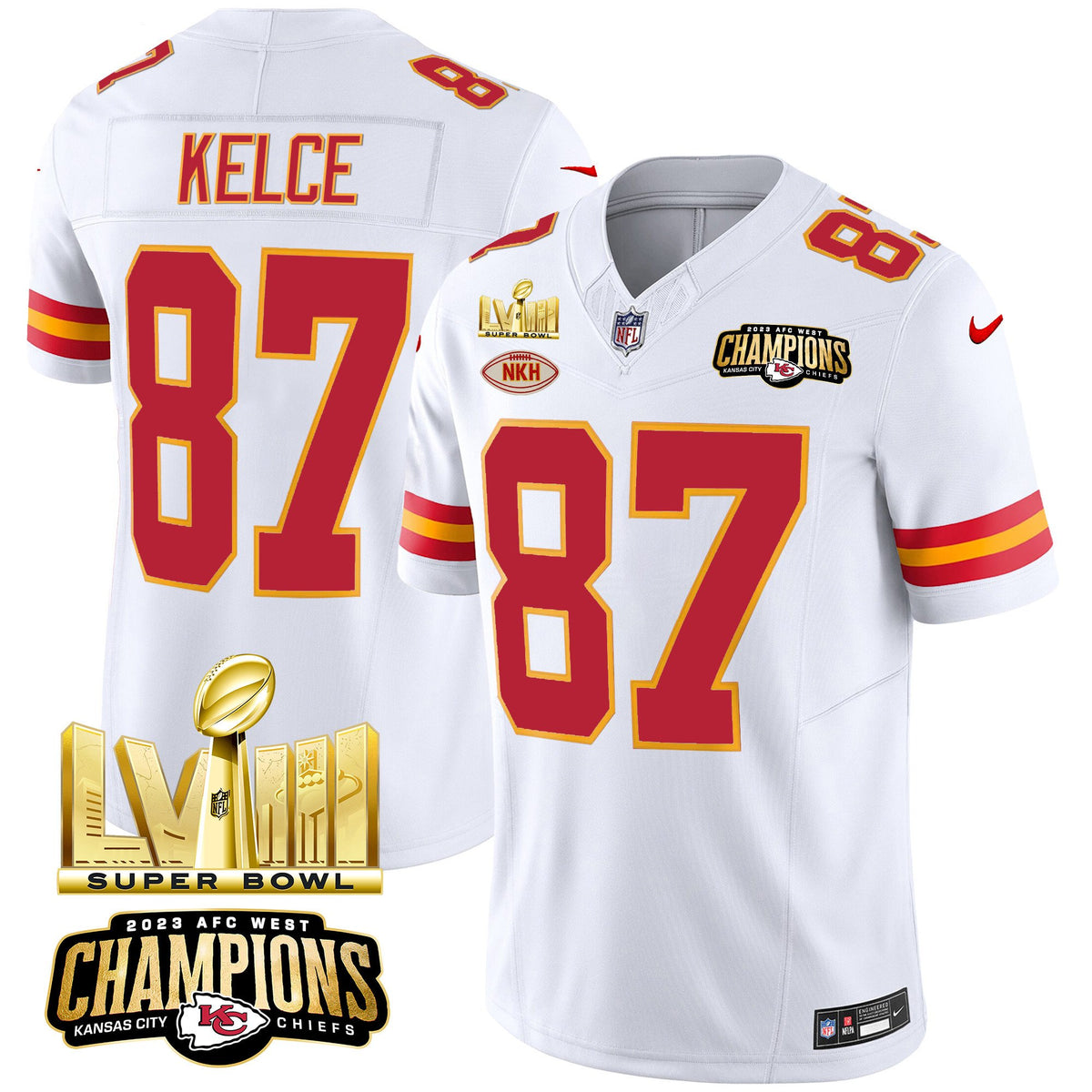 Men's Chiefs AFC West Champions & Super Bowl LVIII Gold Patch Vapor Jersey - All Stitched - White - Travis Kelce — view 1