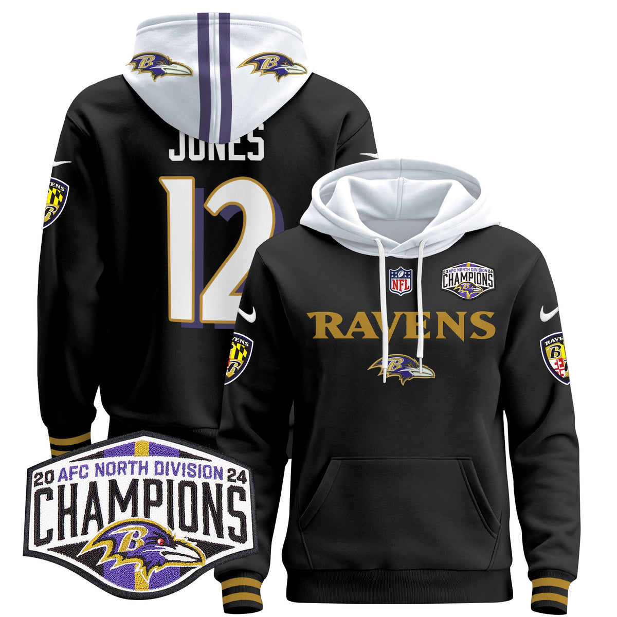 Men's Baltimore Ravens 2024 AFC North Division Champions Patch Pullover Hoodie - All Stitched - Black - Jacoby Jones — view 1