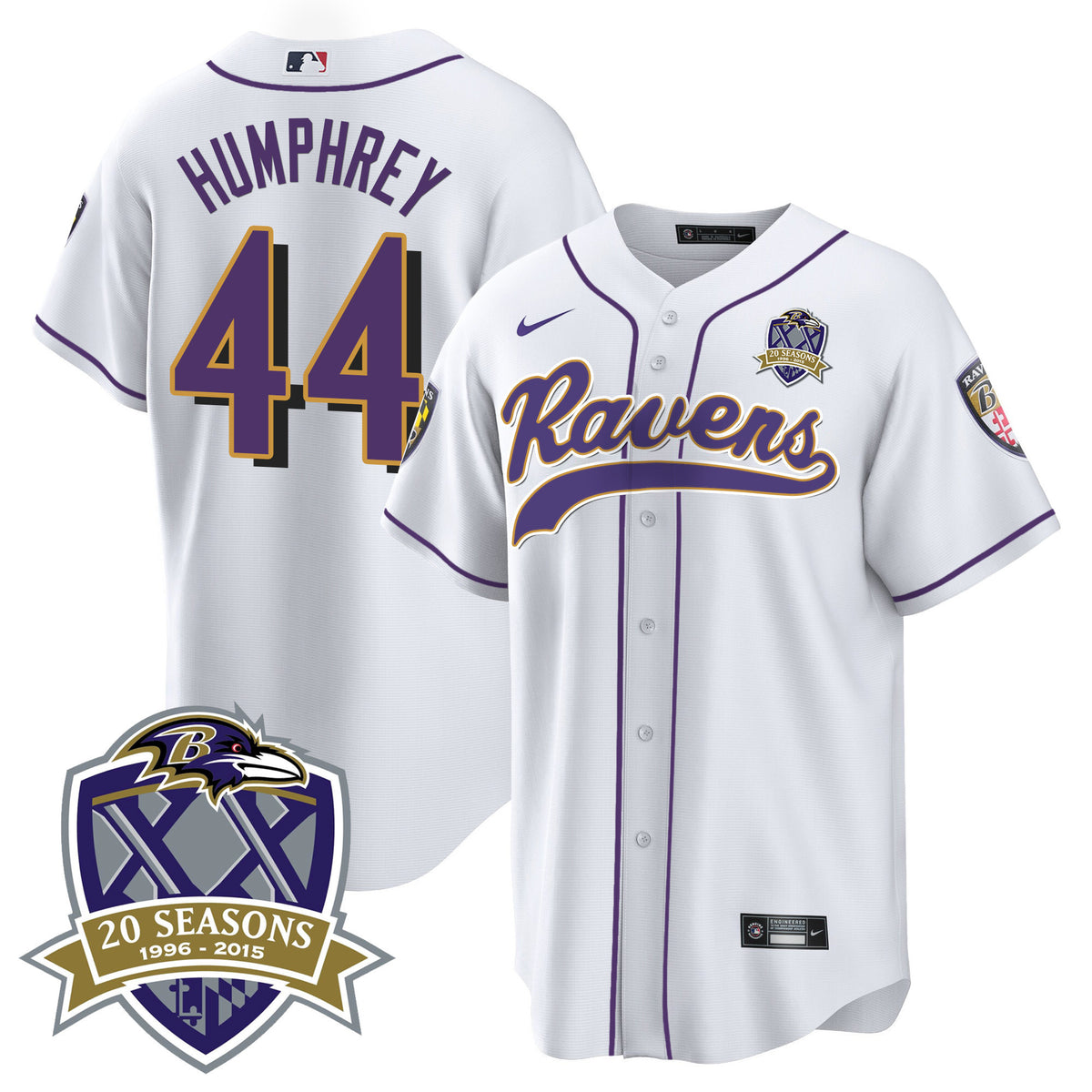 Men's Ravens 20th Season Patch Baseball Jersey - All Stitched - White - Marlon Humphrey — view 1
