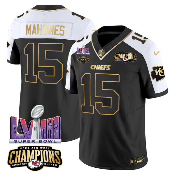 Men's Chiefs AFC West Champions & Super Bowl LVIII Patch Vapor Jersey V2 - All Stitched - Alternate - Patrick Mahomes — view 1