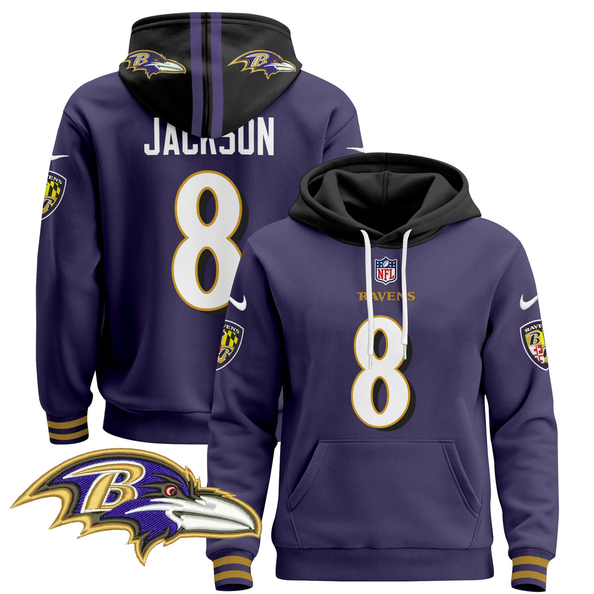Men's Baltimore Ravens 2024 Pullover Hoodie V4 - All Stitched - Purple - Lamar Jackson — view 1