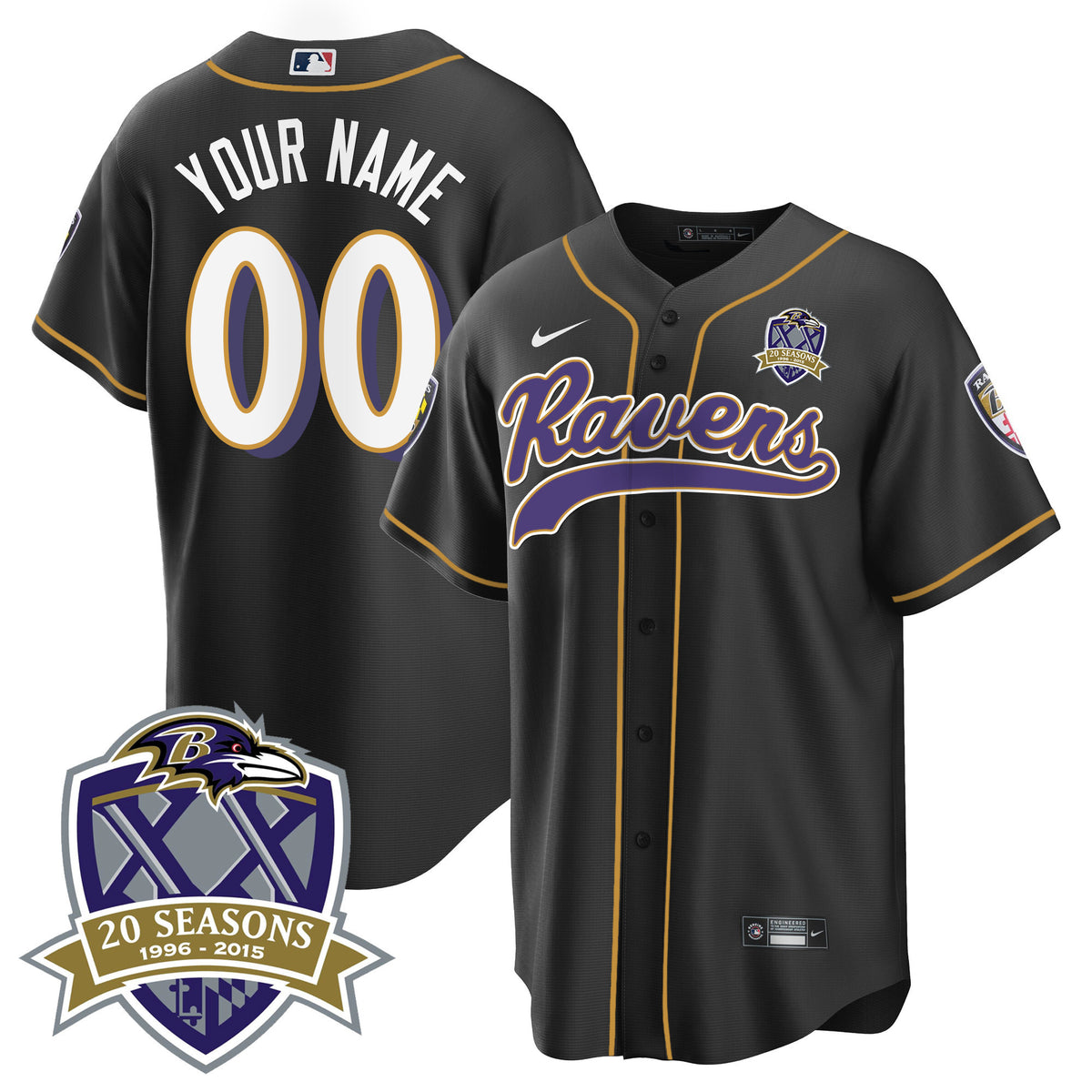 Ravens 20th Season Patch Baseball Custom Jersey - All Stitched - Black — view 1