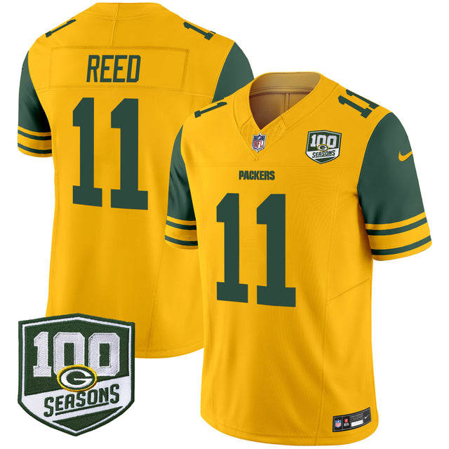 Men's Green Bay Packers Throwback 100th Season Patch Vapor Limited Jersey - All Stitched - Gold - Jayden Reed — view 1