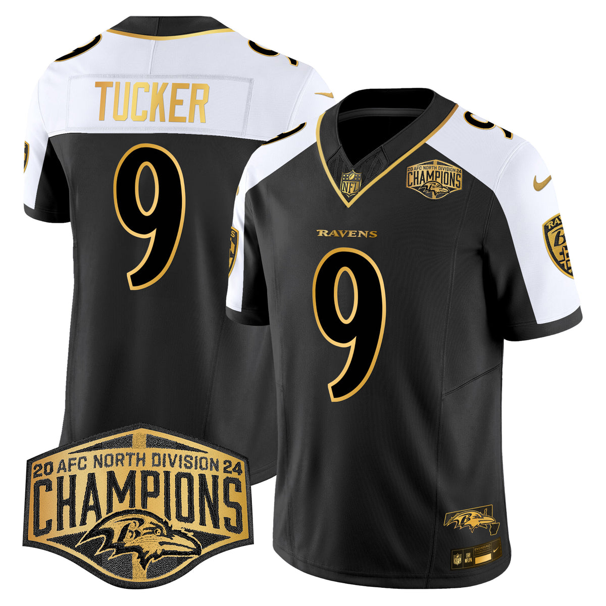 Men's Ravens Maryland 2024 AFC North Division Champions Patch Gold Vapor Limited Jersey - All Stitched - Alternate - Justin Tucker — view 1