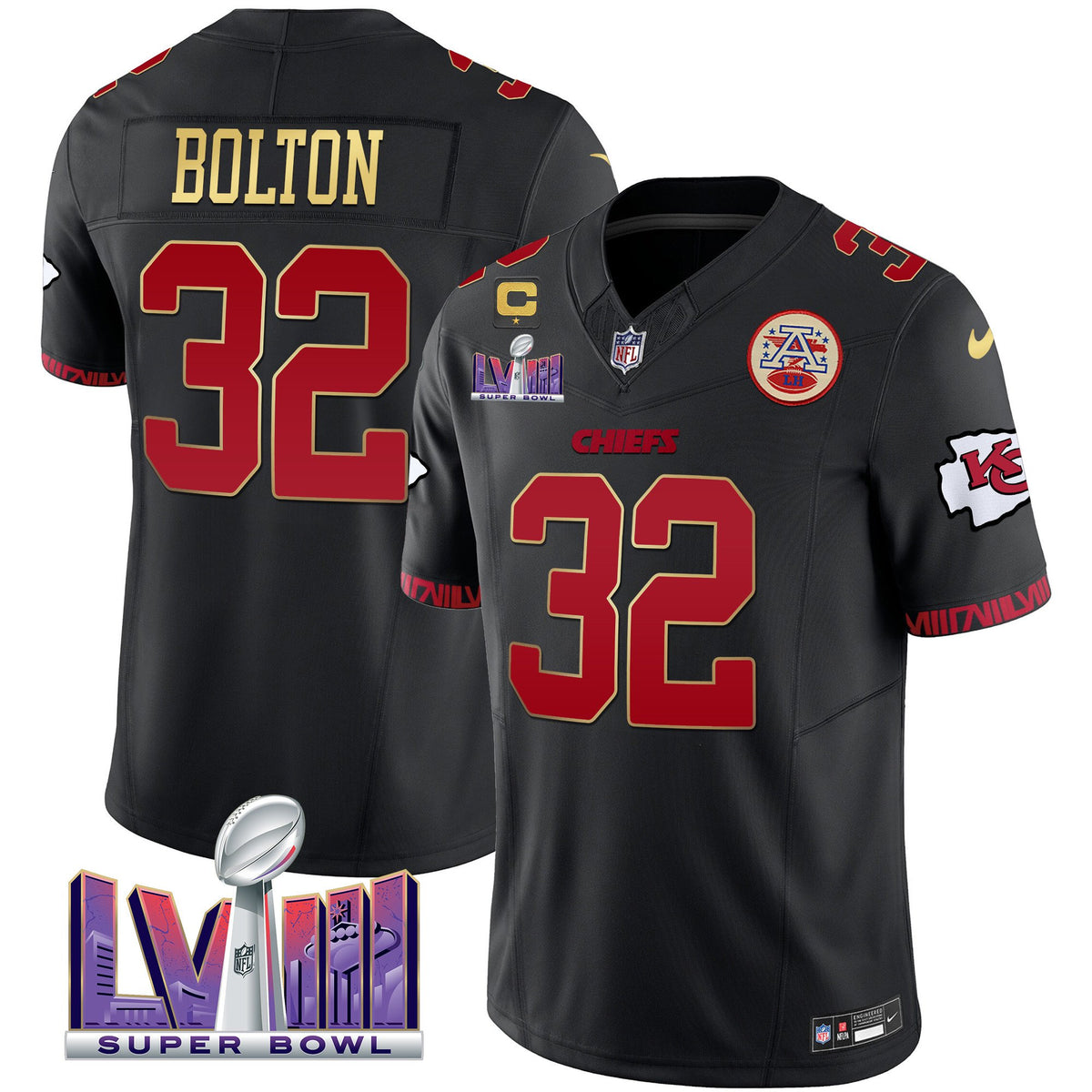 Men's Chiefs Super Bowl LVIII Pattern Vapor Jersey V2 - All Stitched - Gold Trim - Nick Bolton — view 1