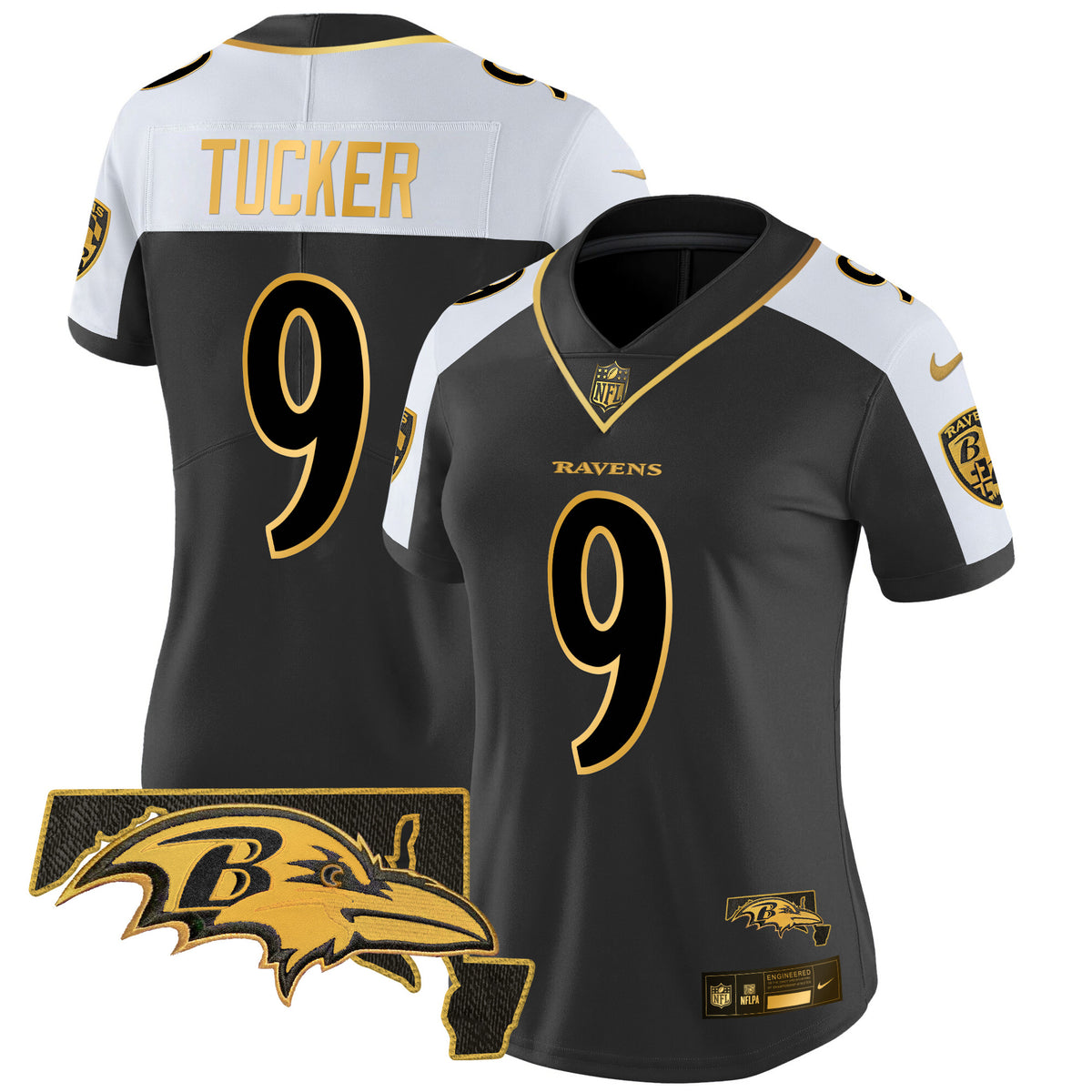 Women's Ravens Maryland Patch Gold Vapor Limited Jersey V2 - All Stitched - Alternate - Justin Tucker — view 1
