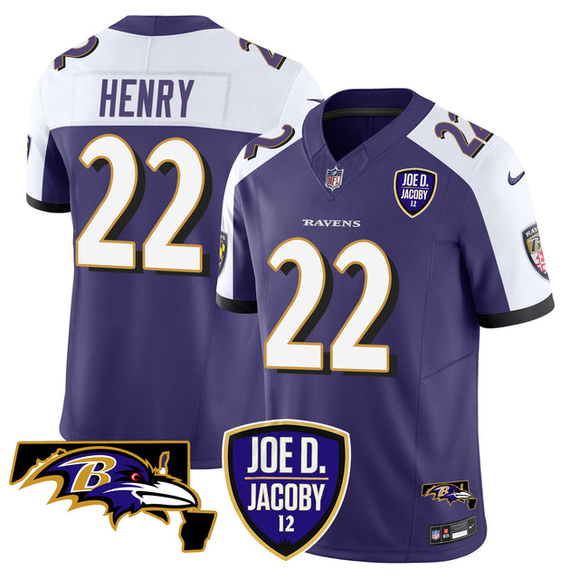Men's Ravens Joe D & Jacoby Patch Vapor Limited Jersey - All Stitched - Purple Alternate - Derrick Henry — view 1