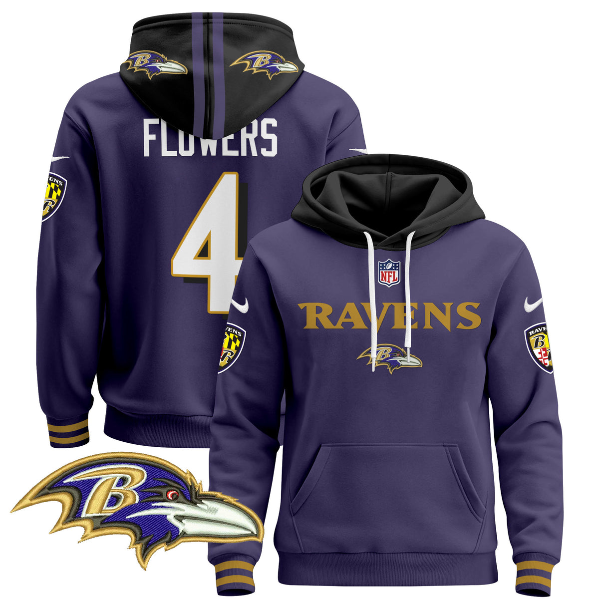 Men's Baltimore Ravens 2024 Pullover Hoodie V3 - All Stitched - Purple - Zay Flowers — view 1