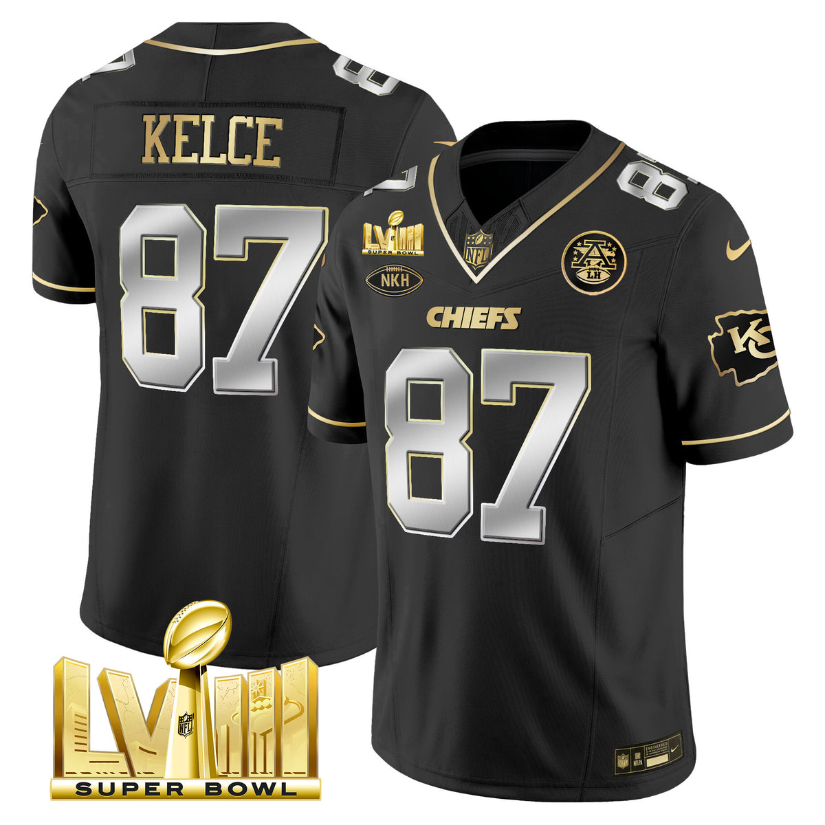 Men's Chiefs Super Bowl LVIII Gold Patch Vapor Jersey V3 - All Stitched - Black Limited - Travis Kelce — view 1