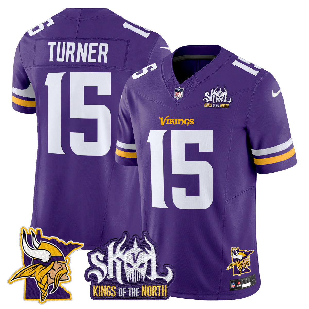 Men's Minnesota Vikings Kings Of The North Patch Vapor Limited Jersey V3 - All Stitched - Purple - Dallas Turner — view 1